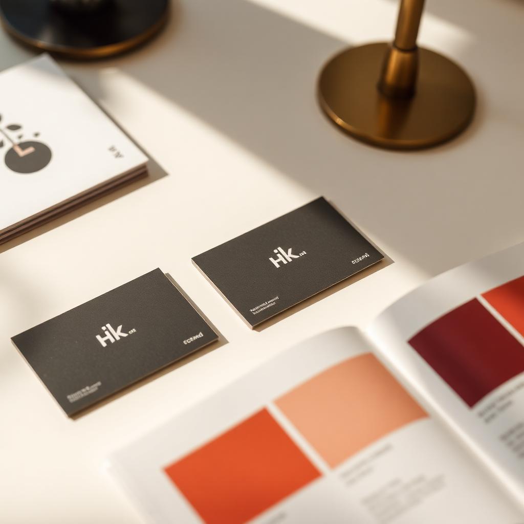 Cartões de visita, paleta de cores e materiais de identidade visual sobre uma mesa iluminada por luz natural.